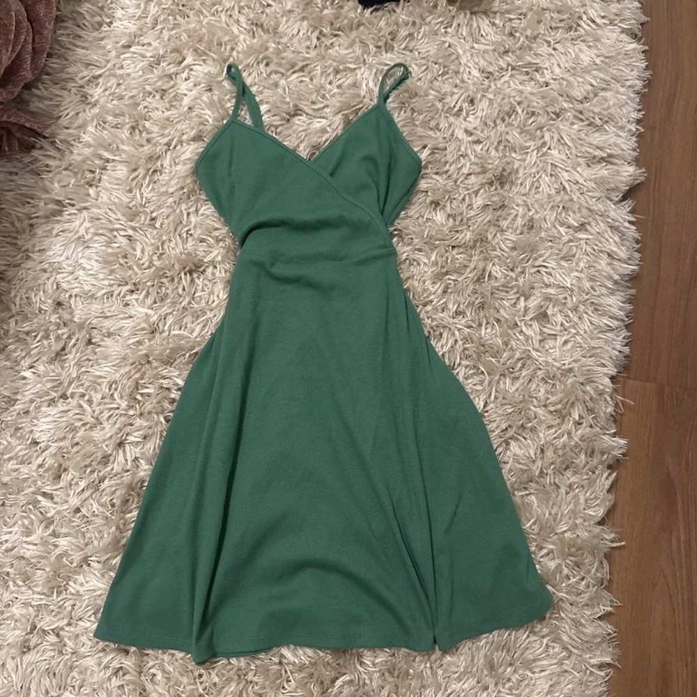 Green Spaghetti Strap Midi Dress with Wrap Bodice